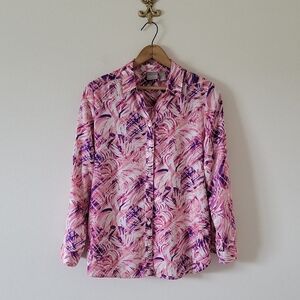 Chicos Pink Purple Sunbeam Palm Long Sleeve Button Down Shirt Size Medium